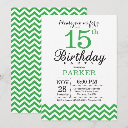 15歳の誕生日招待状 グリーンシェブロン 招待状 (正面/裏面)