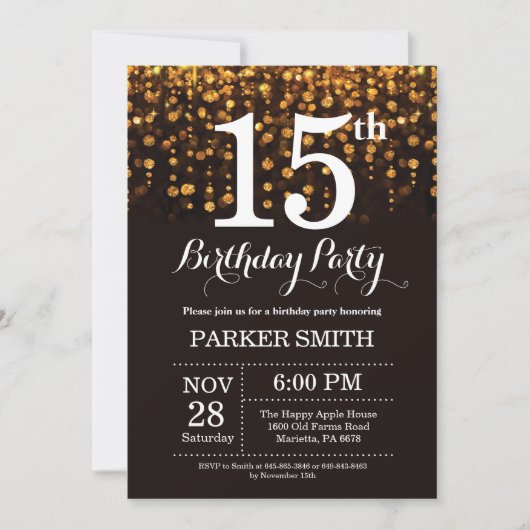 15歳の誕生日招待状 ゴールドグリッター 招待状 (正面)