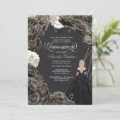 15歳の誕生日招待状 - ブラック＆ゴールドのバラ、ドレス 招待状 (スタンド正面)