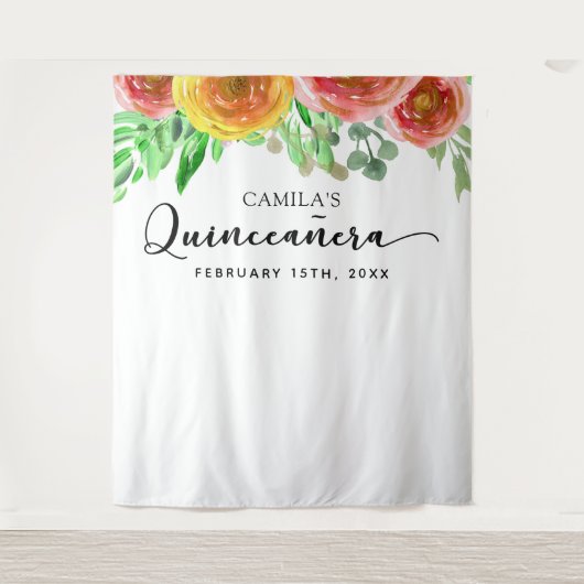15歳の誕生日背景 - 花の優雅なフォトブース タペストリー (正面)