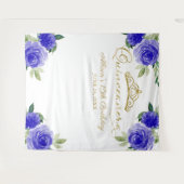 15歳の誕生日金箔ティアラ青い花の背景 タペストリー (正面(横))