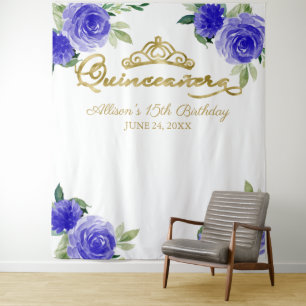 15歳の誕生日金箔ティアラ青い花の背景 タペストリー