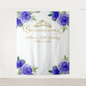 15歳の誕生日金箔ティアラ青い花の背景 タペストリー (正面)