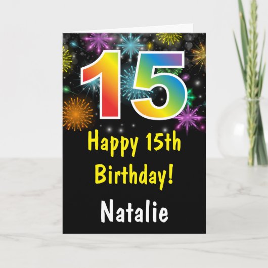 15歳の誕生日 カラフルな虹の花火のカード カード (正面)