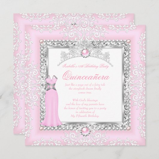 15歳の誕生日 キュイーンセニェーラ ライトピンクのレース パール 招待状 (正面/裏面)