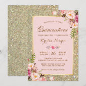 15歳の誕生日 キュイーンセネラ | ピンクの花 ゴールドの輝き 招待状 (正面/裏面)