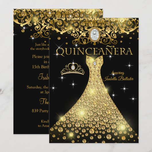 15歳の誕生日 クイーンセニョーラ ゴールド ブラック ティアラ 招待状 (正面/裏面)