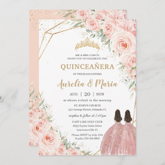 15歳の誕生日 クイーンセニョーラ ソフト ブラッシュ フラワーローズ ツインズ 招待状 (正面/裏面)