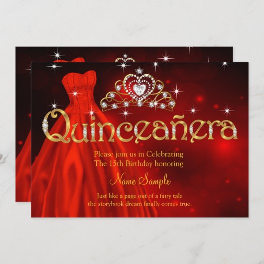15歳の誕生日 クイーンセニョーラ レッドドレスにぴったりな豪華なティアラ 招待状 (正面/裏面)