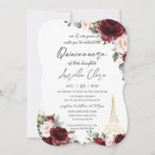 15歳の誕生日 クイーンセニョーラ ワインレッド ブラッシュ フラワーパリ エッフェル塔 招待状 (正面)