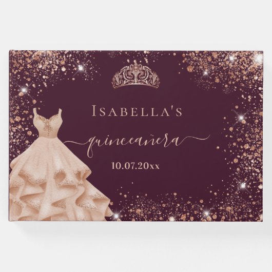 15歳の誕生日 クイーンセニョーラ ワインレッド ローズゴールド ドレス 王冠 名前 ゲストブック (正面)
