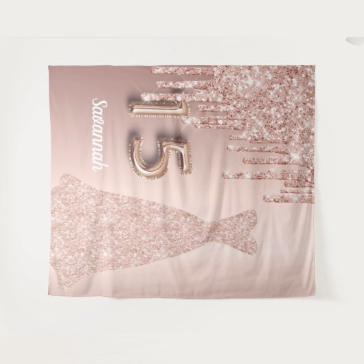 15歳の誕生日 クイーンセネラ ローズゴールド グリッター ピンク タペストリー (正面(横))