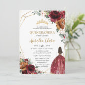 15歳の誕生日 ケープ付ワインレッド/バラ色の花飾りプリンセスドレス 招待状 (スタンド正面)