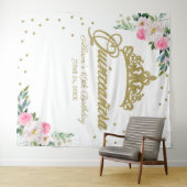 15歳の誕生日 ゴールドのティアラ ホットピンクの花の背景 タペストリー (インサイチュ(横))