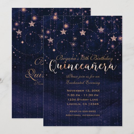 15歳の誕生日 スターリー・ナイト パープル&ゴールド ファンシー 招待状 (正面/裏面)