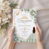 15歳の誕生日 セージグリーンのドレス 花のゴールド 招待状