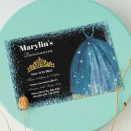 15歳の誕生日　ターコイズグリッター　ボールガウン 招待状