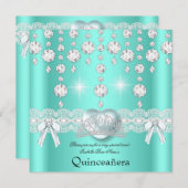 15歳の誕生日 ティール シルバー ハート ダイヤモンド 招待状 (正面/裏面)