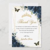 15歳の誕生日 ネイビーブルー 花飾り ゴールドの蝶 サンキューカード (正面)