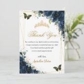 15歳の誕生日 ネイビーブルー 花飾り ゴールドの蝶 サンキューカード (スタンド正面)