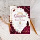 15歳の誕生日 バーガンディドレス 花飾り ゴールド 招待状