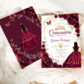 15歳の誕生日 バーガンディドレス 花飾り ゴールド 招待状