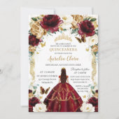 15歳の誕生日 バーガンディー アイボリー フラワー ヴィンテージ ゴールド 招待状 (正面)