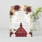 15歳の誕生日 バーガンディー アイボリー フラワー ヴィンテージ ゴールド 招待状 (スタンド正面)