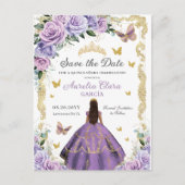 15歳の誕生日 パープル ライラック ローズ フラワーズ ゴールド プリンセス 案内ポストカード (正面)