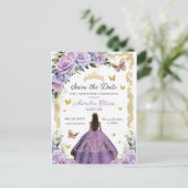 15歳の誕生日 パープル ライラック ローズ フラワーズ ゴールド プリンセス 案内ポストカード (スタンド正面)