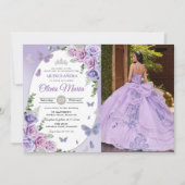 15歳の誕生日 パープル ライラック 花のティアラ 蝶 招待状 (正面)