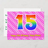 15歳の誕生日:ピンクのストライプとハート、レインボー15 ポストカード (正面/裏面)