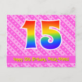 15歳の誕生日:ピンクのストライプとハート、レインボー15 ポストカード (正面)