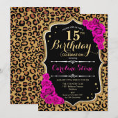 15歳の誕生日 - ピンクのバラ レオパードプリント 招待状 (正面/裏面)