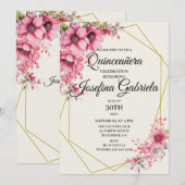 15歳の誕生日 ピンクの花の招待状 招待状 (正面/裏面)