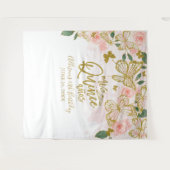 15歳の誕生日 ピンクの蝶 花の背景 タペストリー (正面(横))