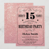15歳の誕生日 ブラックとピンクのローズゴールド グリッター 招待状 (正面/裏面)