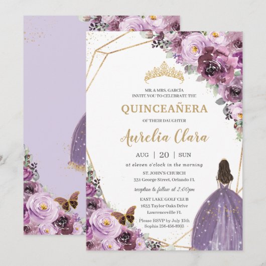 15歳の誕生日 プラム マウブ パープル フラワーミス キンセ 15 招待状 (正面/裏面)