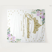 15歳の誕生日 ライラックの花の背景 ゴールドのティアラ タペストリー (正面(横))