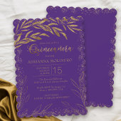 15歳の誕生日 ラグジュアリー パープルとゴールドの葉 招待状