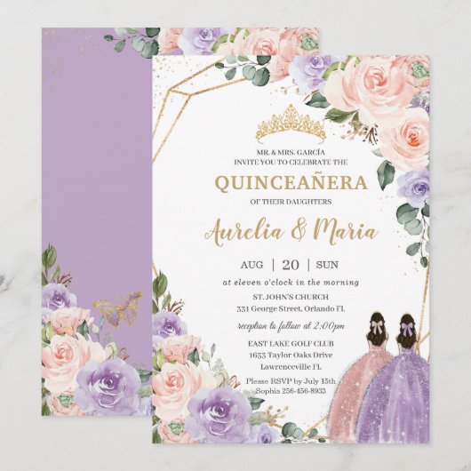 15歳の誕生日 リラックマ ブルッシュ フラワーローズゴールド ツインズ 招待状 (正面/裏面)