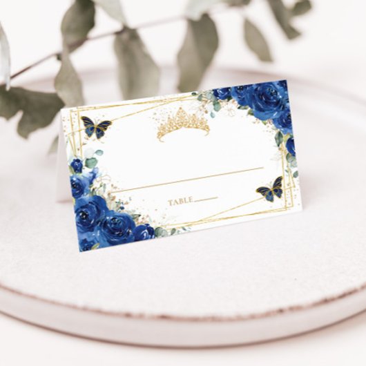 15歳の誕生日 ロイヤルブルーの花と蝶 プレイスカード