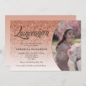 15歳の誕生日　ローズゴールドグリッター写真 招待状 (正面/裏面)