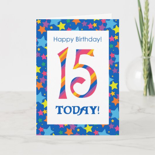 15歳の誕生日 明るくカラフルなストライプと星 カード (正面)