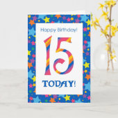 15歳の誕生日 明るくカラフルなストライプと星 カード (黄色い花)