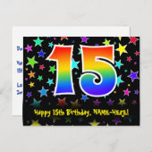 15歳の誕生日：楽しいスターパターン、虹15、名前 ポストカード (正面/裏面)