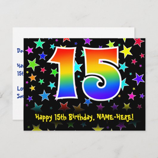 15歳の誕生日：楽しいスターパターン、虹15、名前 ポストカード (正面/裏面)