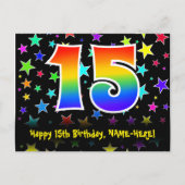 15歳の誕生日：楽しいスターパターン、虹15、名前 ポストカード (正面)