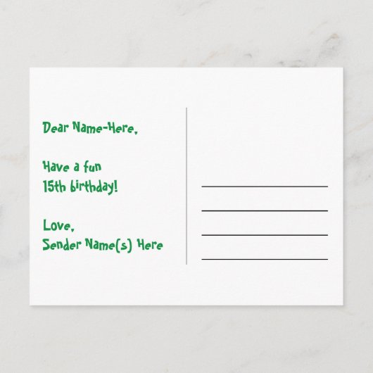 15歳の誕生日:楽しいハート柄、虹色の15 ポストカード (裏面)