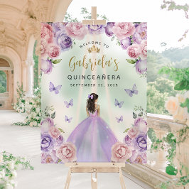 15歳の誕生日 紫のブッシュ ゴールドの花の歓迎 アクリルサイン